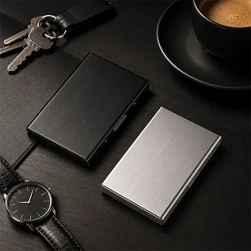 Black and silver card holders on a desk