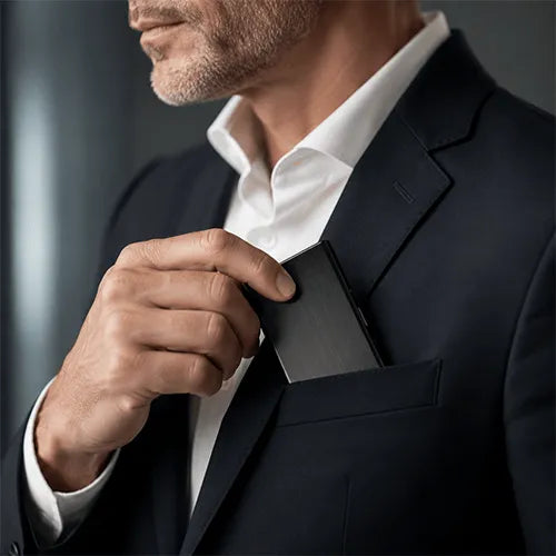 Black card holder in a jacket pocket