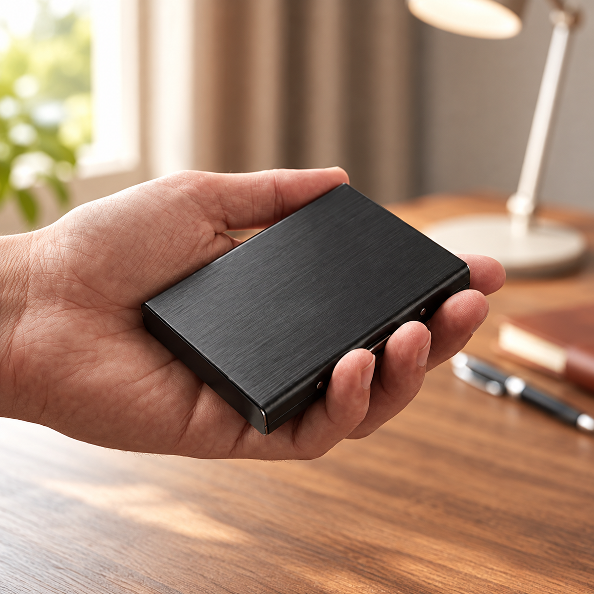 Black card holder held in one hand