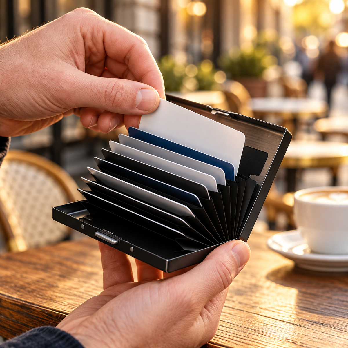 Accordion card holder open at a cafe