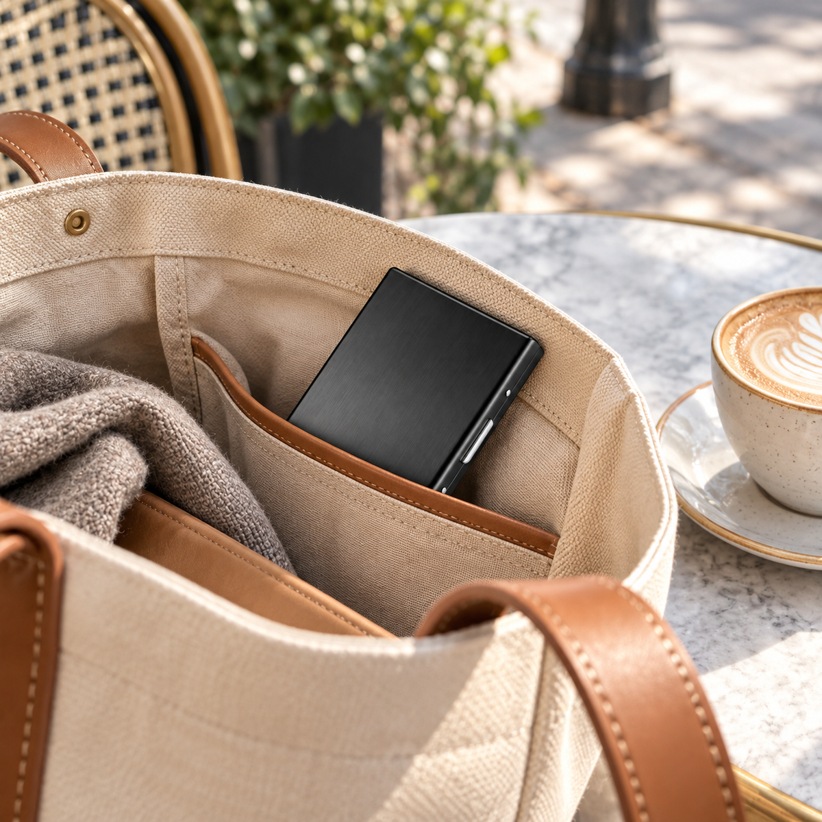 Black card holder tucked into a tote pocket