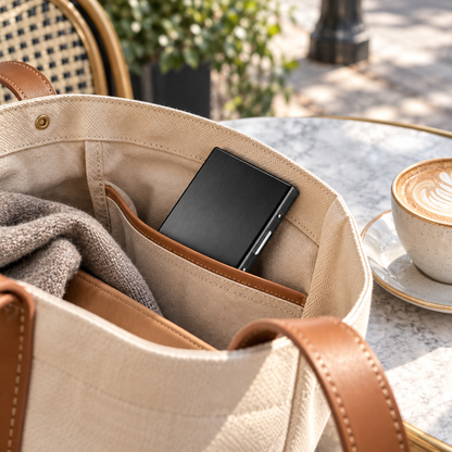 Black card holder tucked into a tote pocket