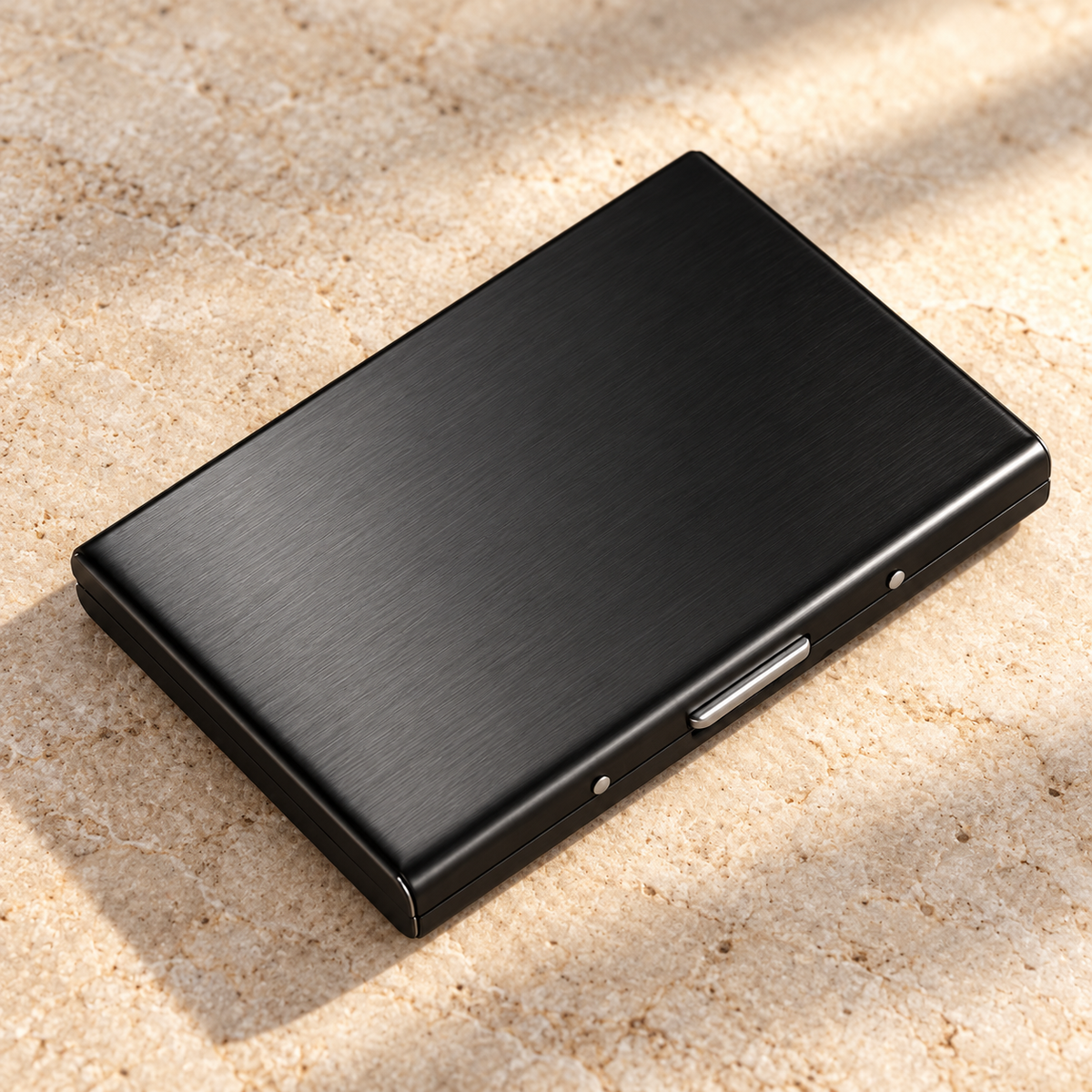 Brushed black steel case with front latch