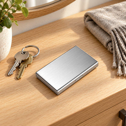 Silver card holder beside keys at home