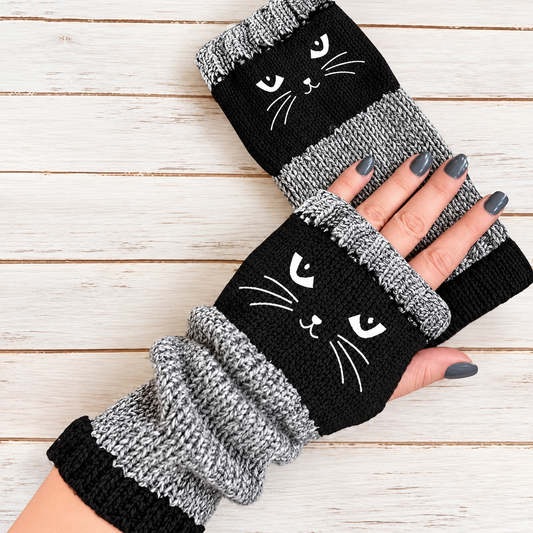 Black cat-face knitted fingerless glove color option