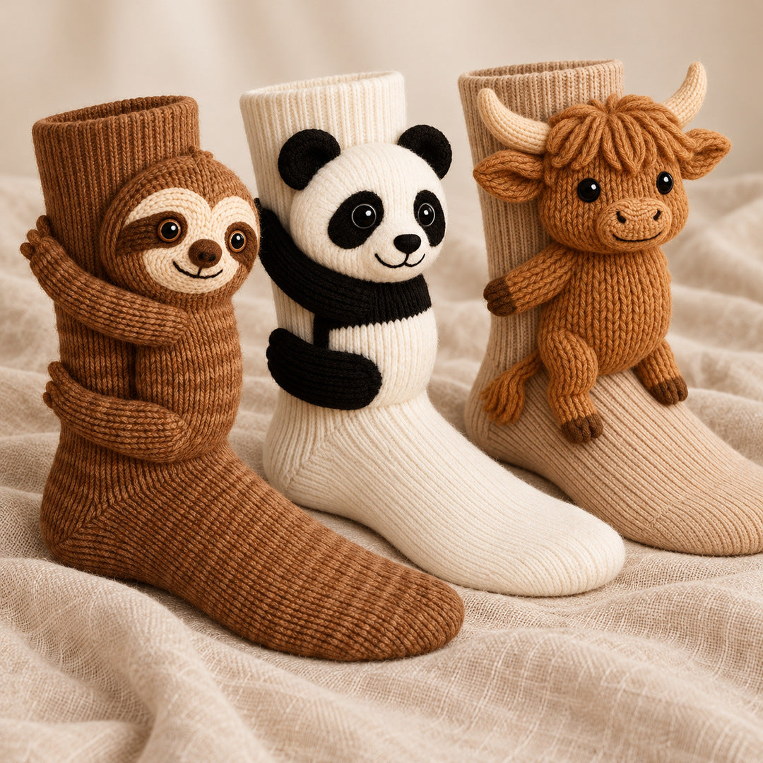 Three animal sock designs on linen