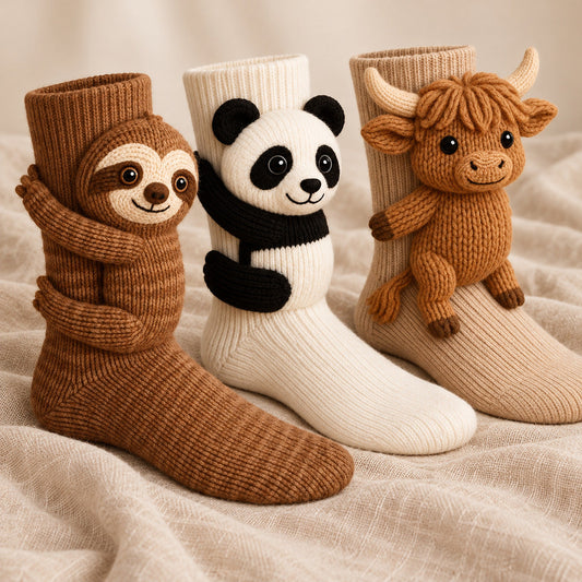 Three animal sock designs on linen