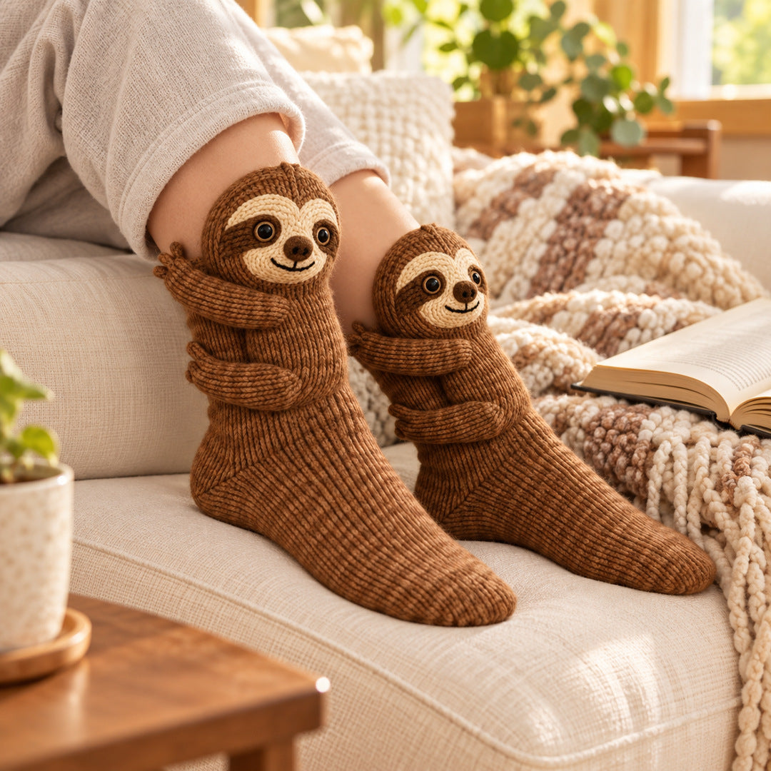 Sloth socks on a sofa