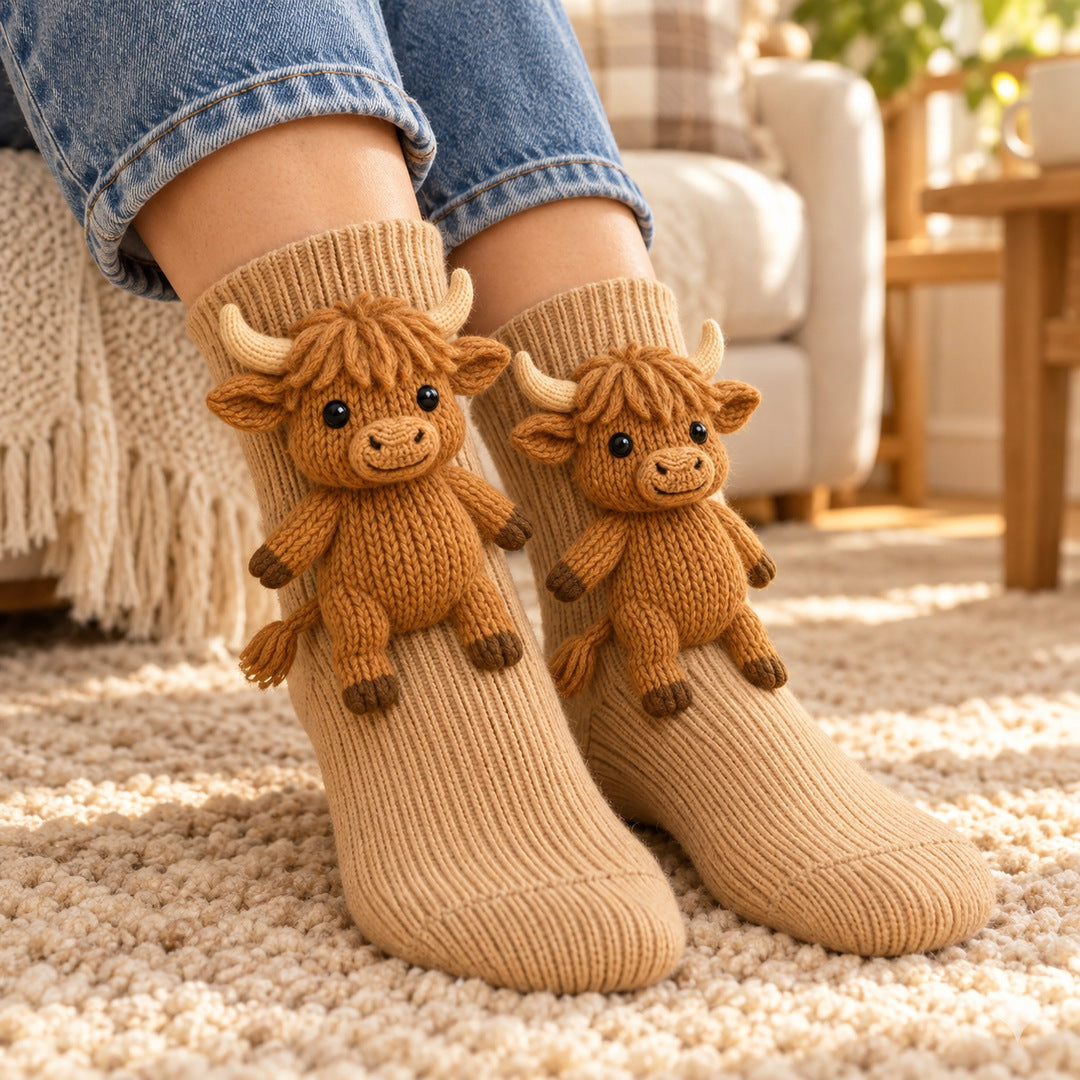 Highland cow socks on a rug