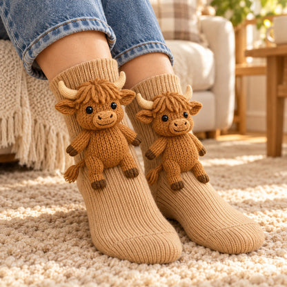 Highland cow socks on a rug